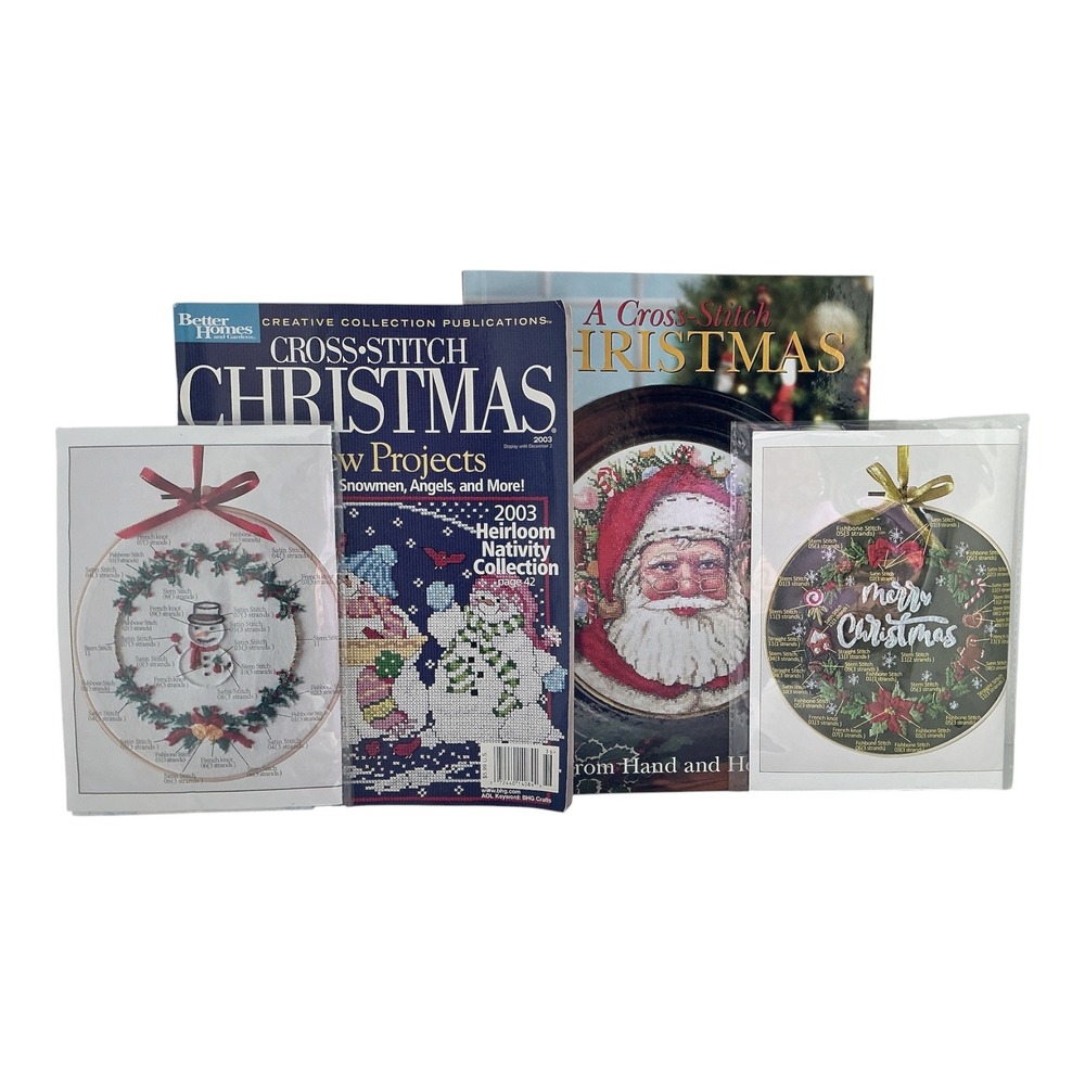 Christmas Needlework Lot 2 Cross Stitch Books + 2 Unopened Embroidery Kits